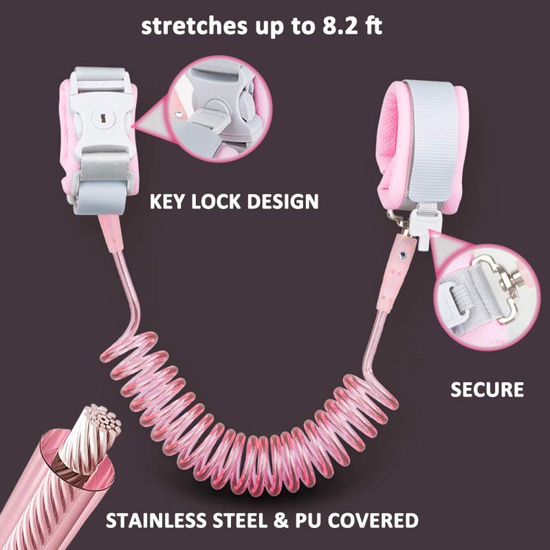 Socub Anti Lost Wrist Link (8.2ft), Socub Breathable Toddler Leash Wrist for Child Safety, Wrist Link for Kids with Key Lock, Pink - Image 4